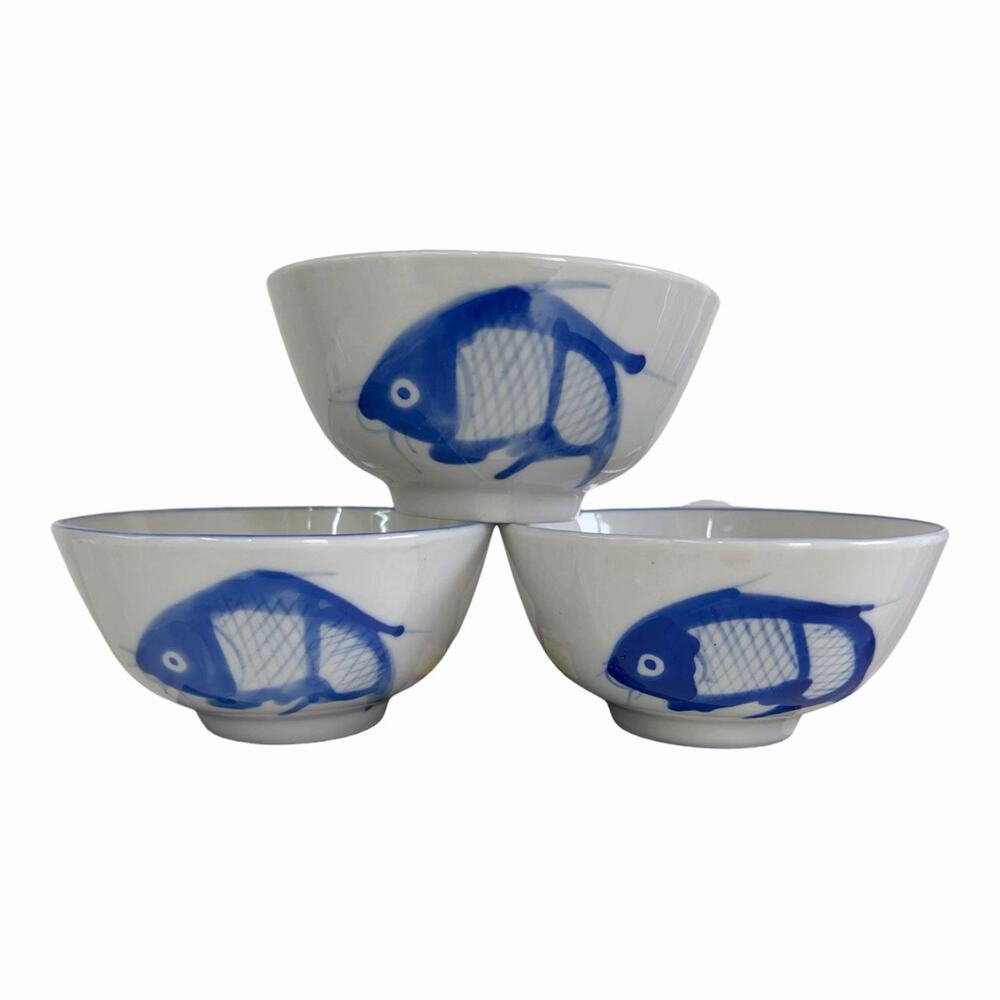 3 Asian Rice Bowl Blue Koi Carp Fish China White Blue Hand Painted 4.5x2.5in